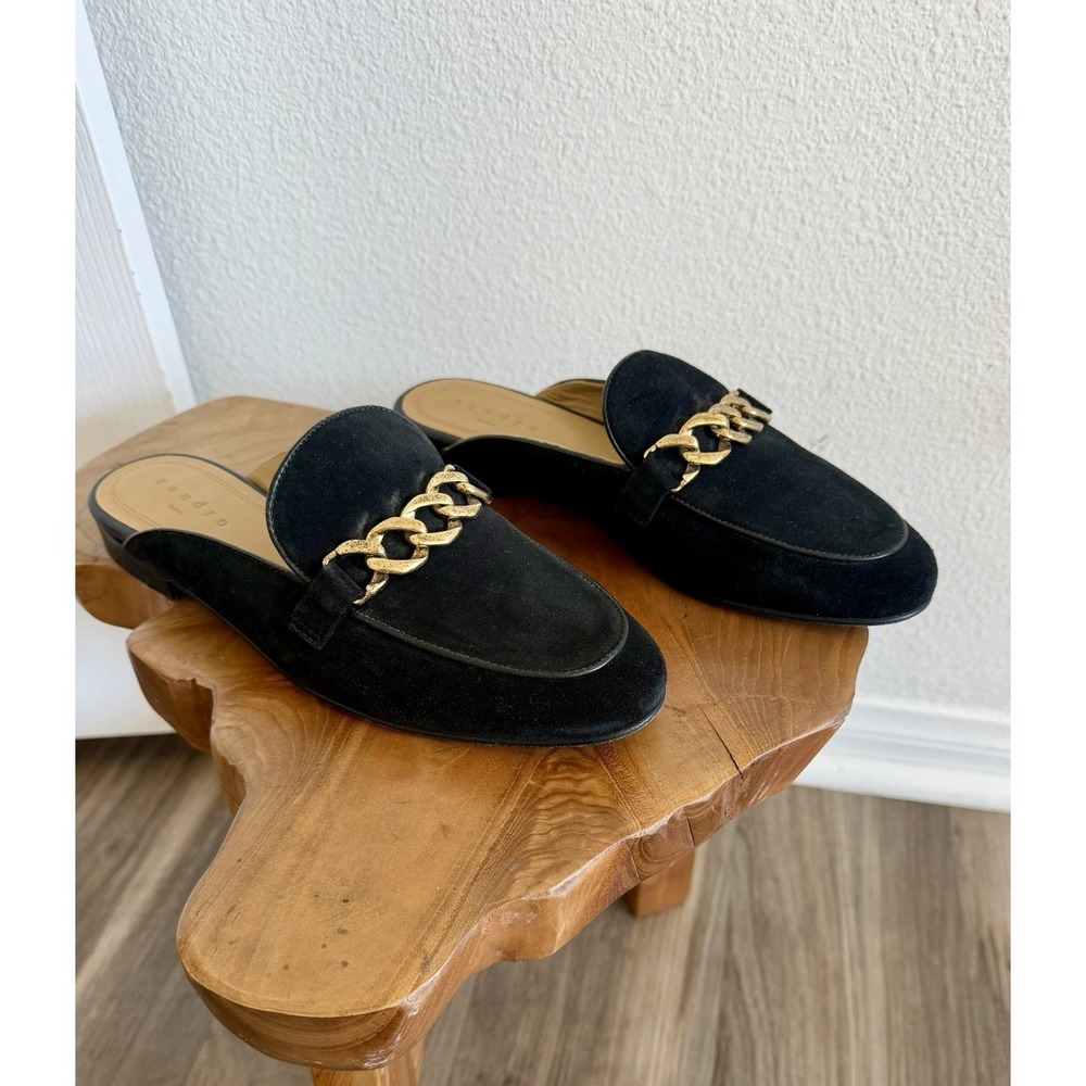 Sandro Black Suede Mules Womens 8 EU 38 Gold Chain Slip On Workwear Classic